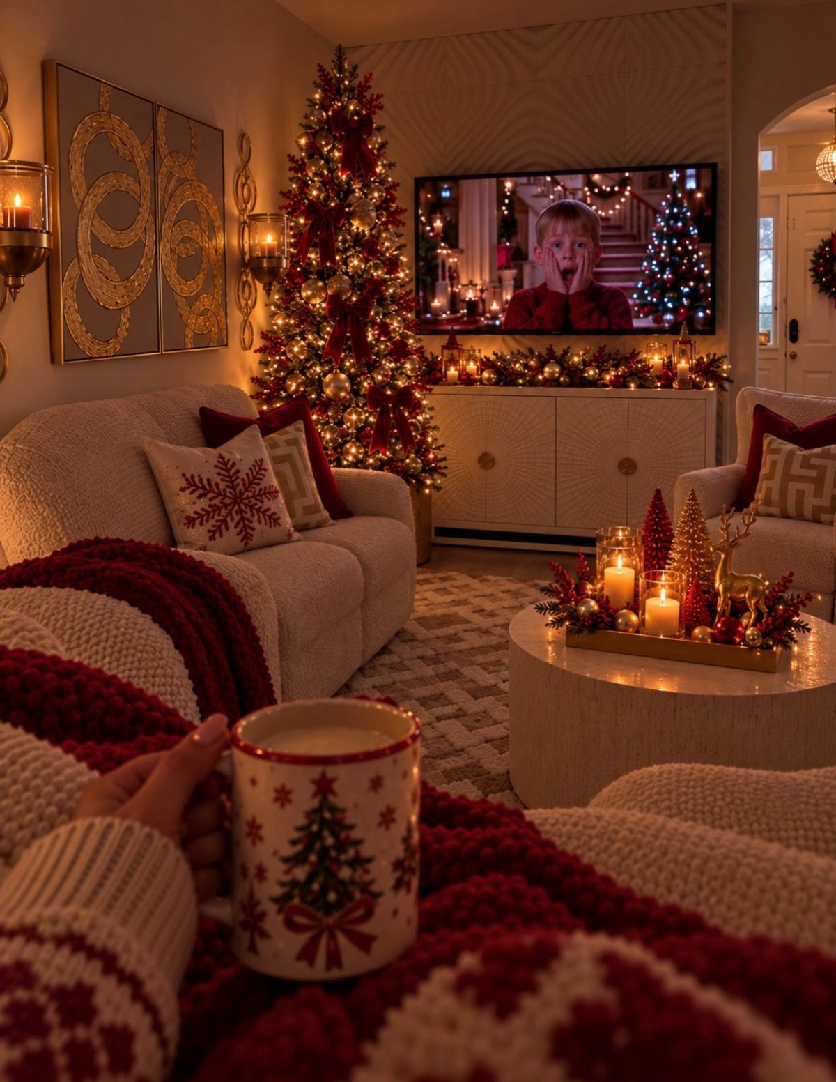 Warmly lit living room with a decorated Christmas tree, cozy sofas, and glowing candles.