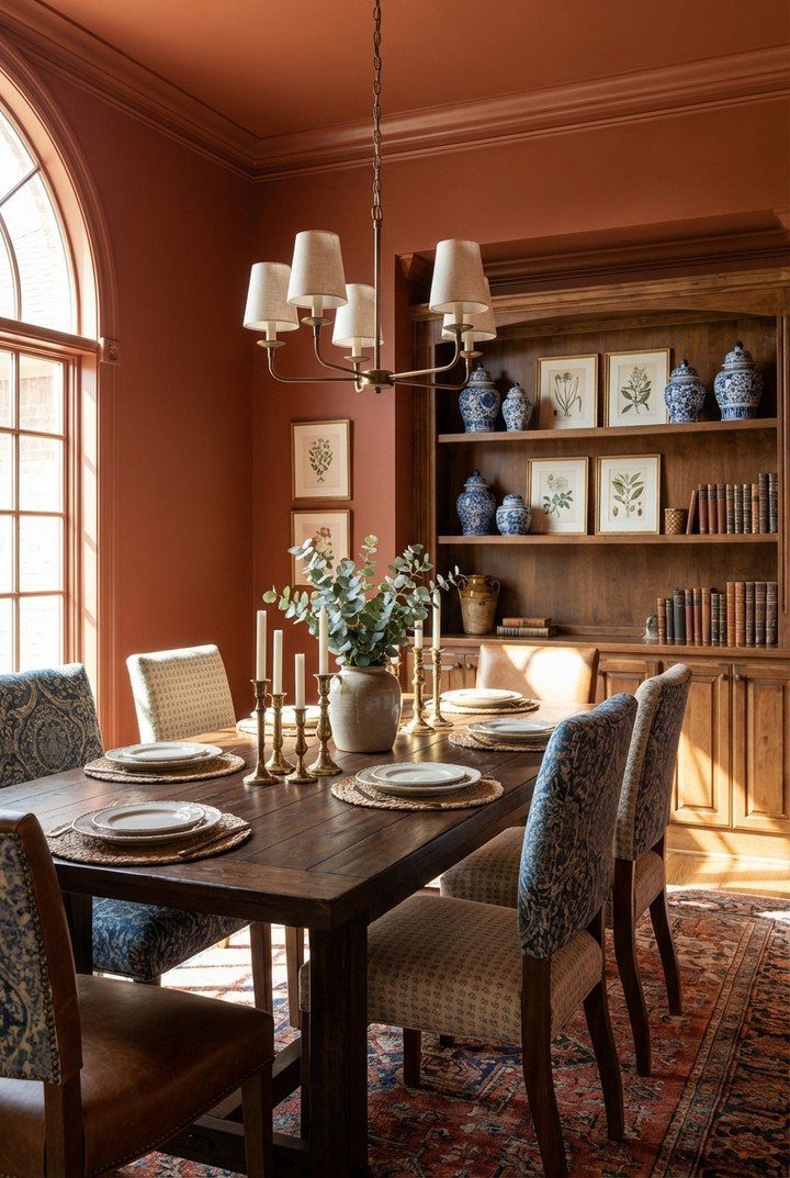 A dark wood dining table set for a meal in a terracotta-walled room with built-in bookshelves.