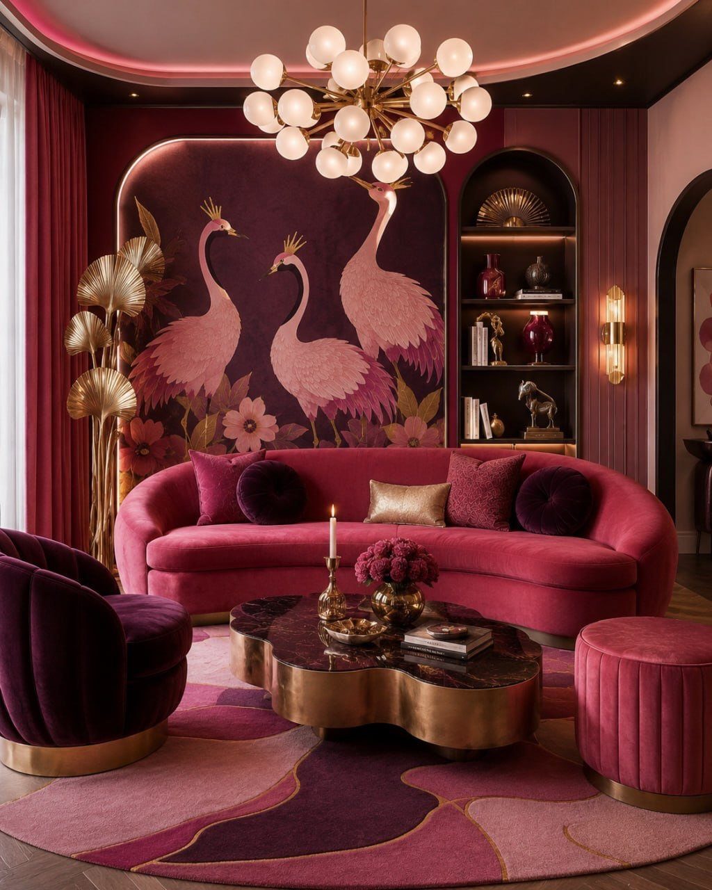 Pink velvet sofa and purple armchair arranged around a gold coffee table in a vibrant room.