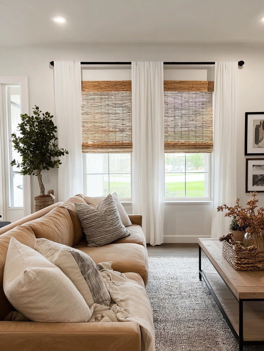 White linen curtains hang over windows with bamboo blinds in a bright living room.