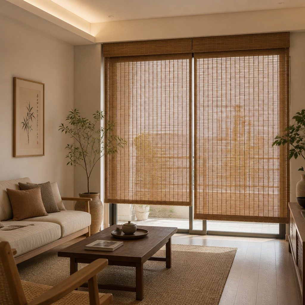 Bamboo blinds covering large glass doors in a modern living room with plants.