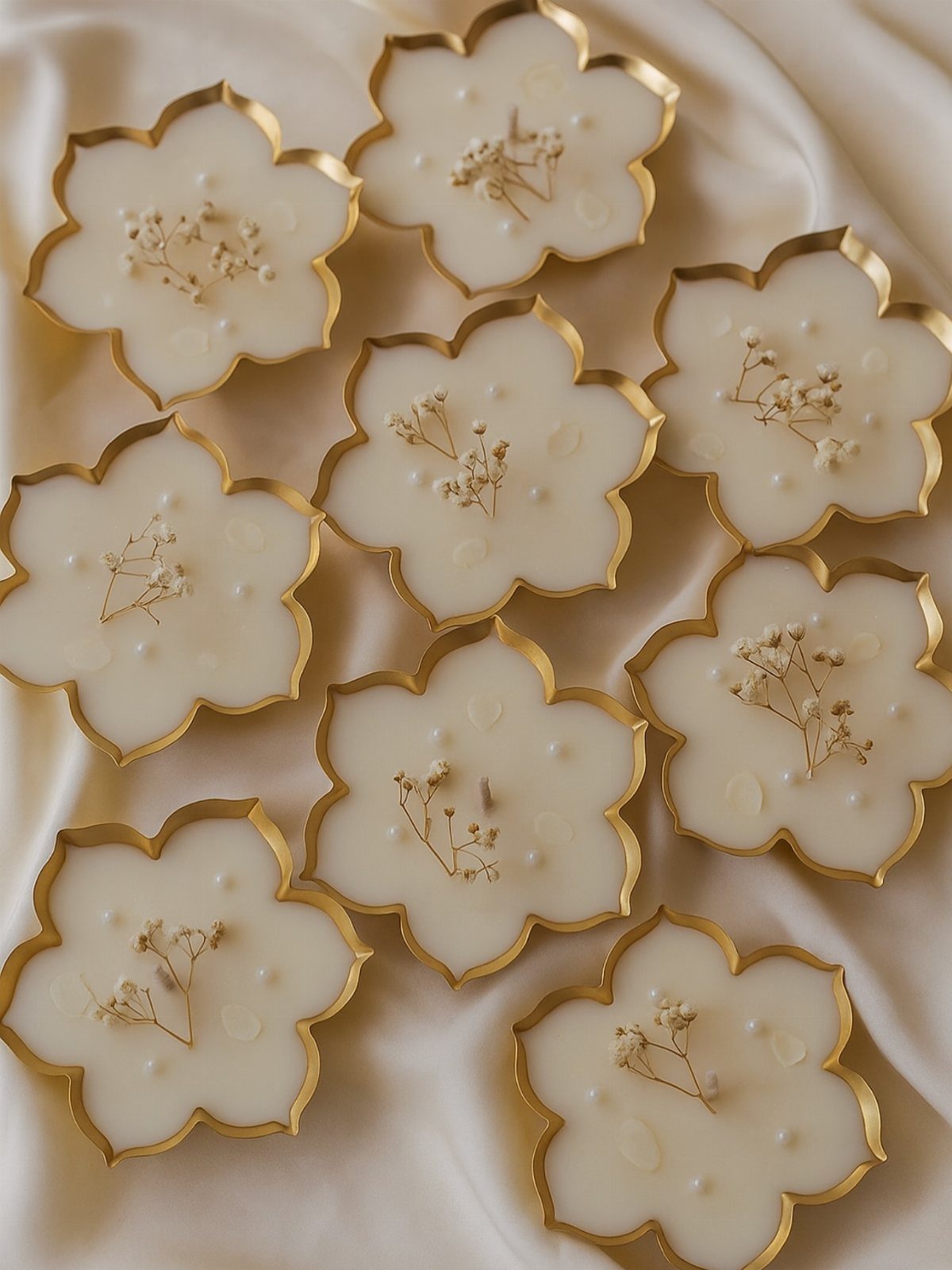 Flower-shaped white candles with gold edges and dried flowers resting on cream fabric.