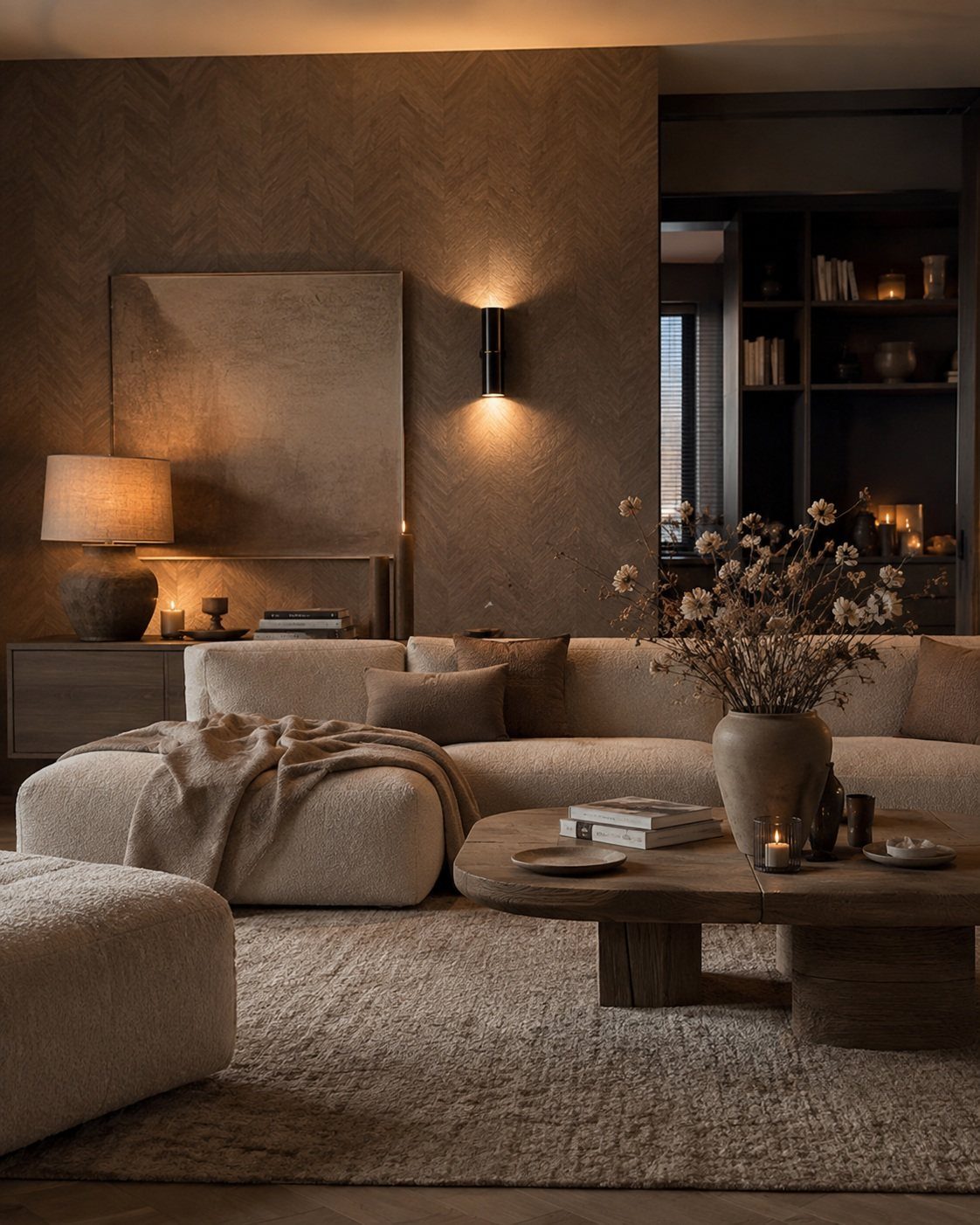 Warm ambient lighting from a table lamp, wall sconce, and candles illuminates a cozy beige sofa and wooden table.