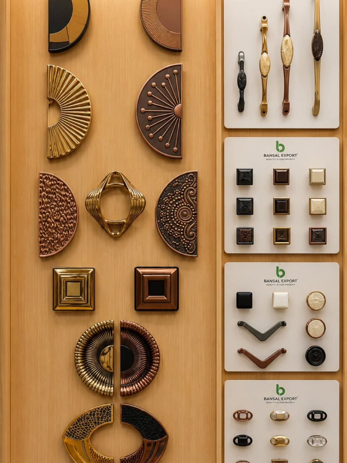 Various decorative gold, bronze, and black cabinet knobs displayed on wood and white cards.