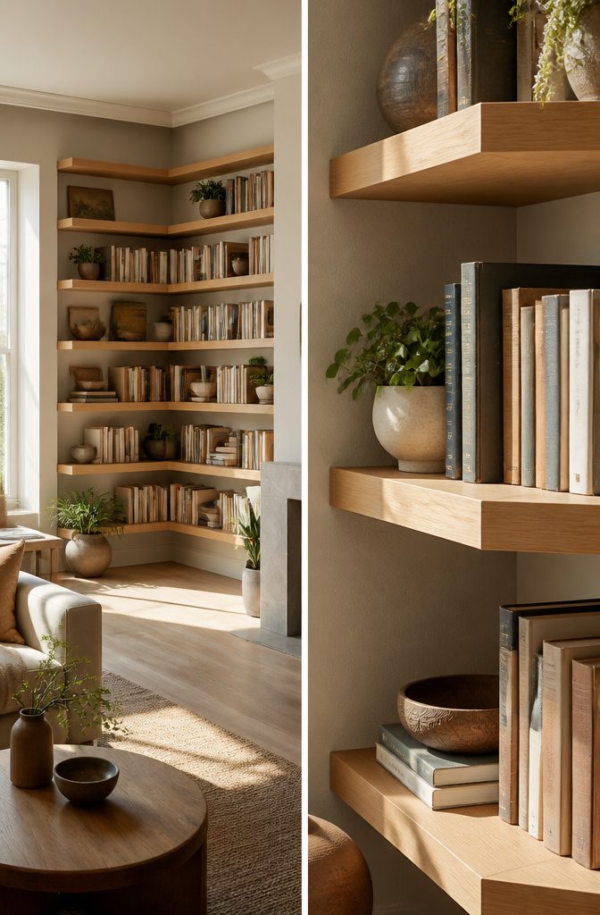 A corner bookshelf with shelves designed to wrap around the corner.