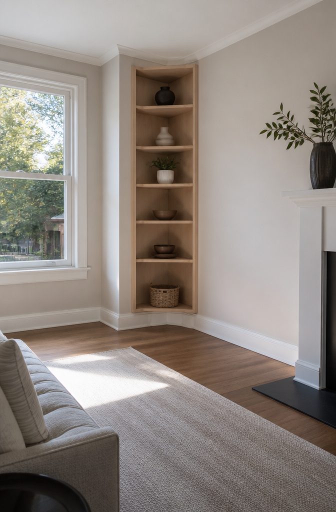 A built-in corner bookshelf secured to the wall with multiple shelves.