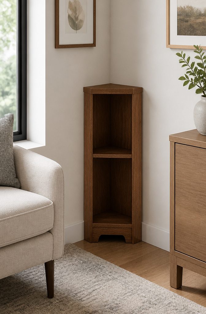 A corner end bookcase with a single shelf displayed in a stylish interior.