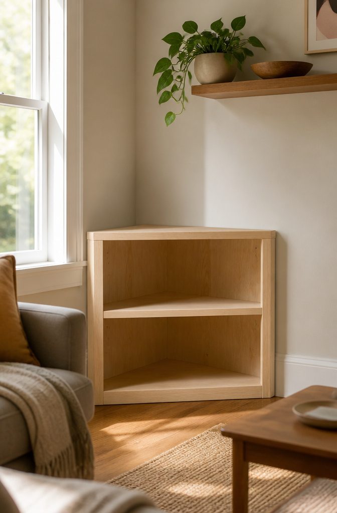 A ready-made corner bookcase made of unfinished wood with a simple design.