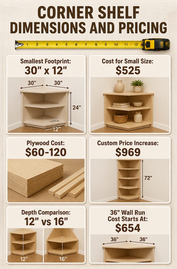 A chart displaying dimensions and pricing for corner shelves.