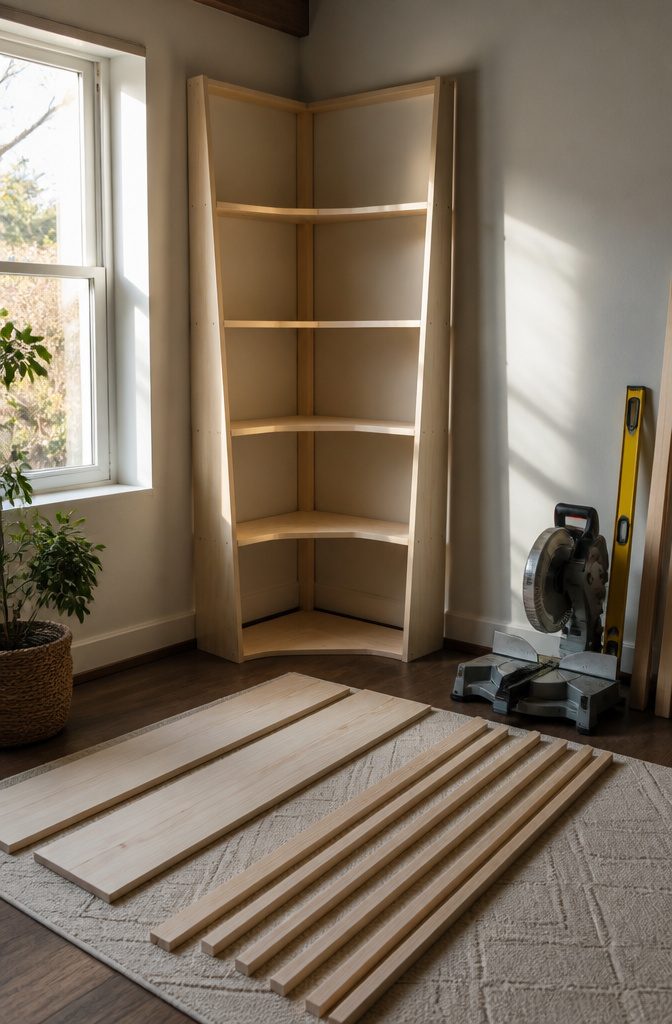 Wooden boards arranged for a DIY corner bookshelf project in a workshop.