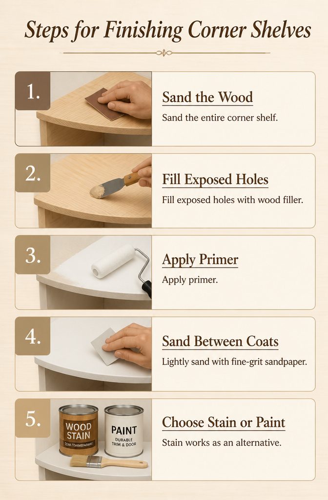 Steps for finishing corner shelves with sandpaper and paint supplies.