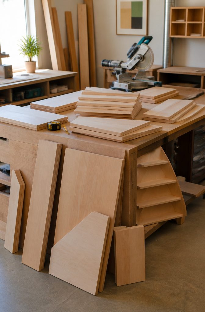 Cut pieces for a corner bookshelf with labeled measurements in a workshop.