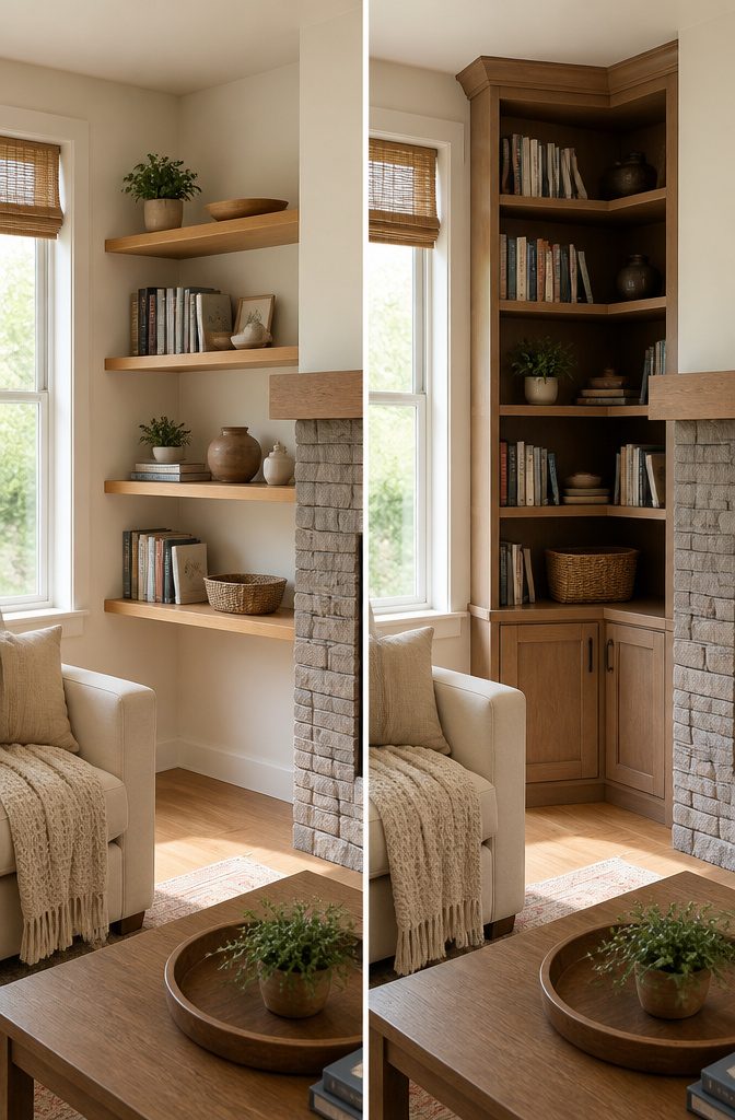 An open corner bookshelf allowing visibility of the wall behind the shelves.