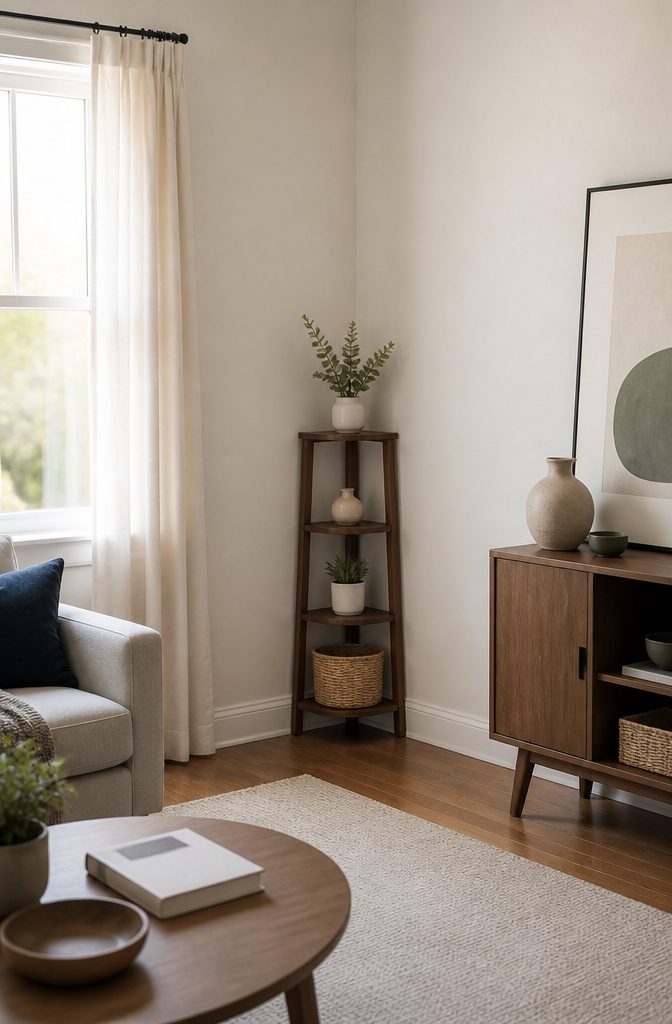 A small corner bookshelf in a rental space, demonstrating its portability.