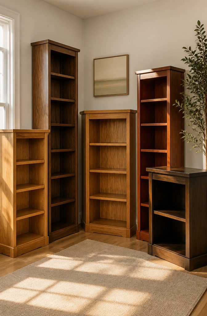 A display of custom corner bookcases in different sizes and wood finishes.