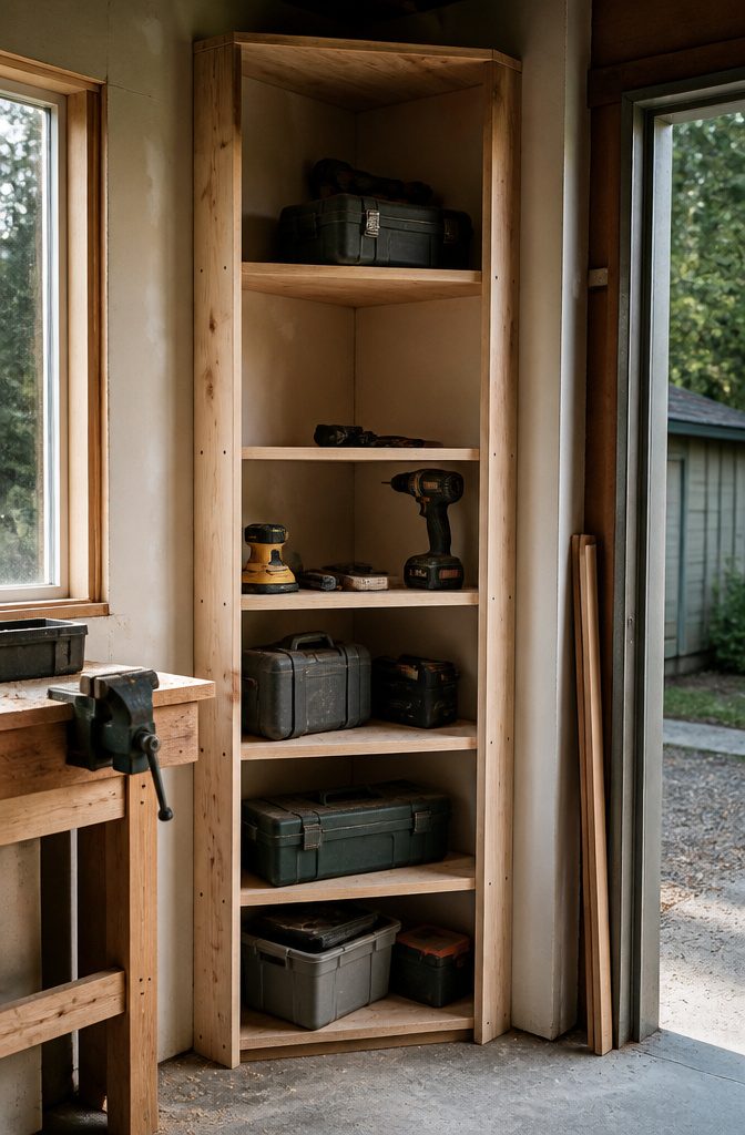 A rustic corner bookshelf holding tools in a sparsely decorated garage.