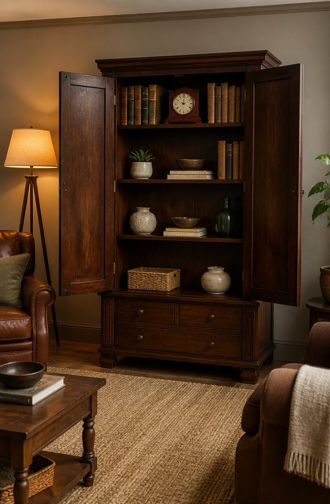 Robust cabinet bookshelf made of mahogany in a warmly lit living room.