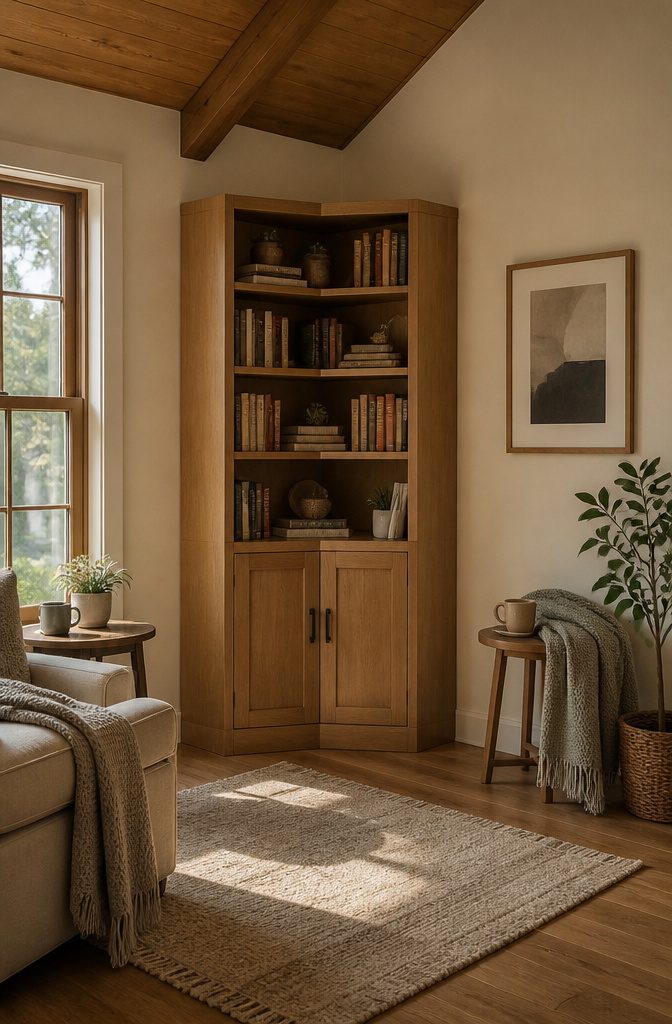 Corner bookshelf with doors filling the space between two walls.