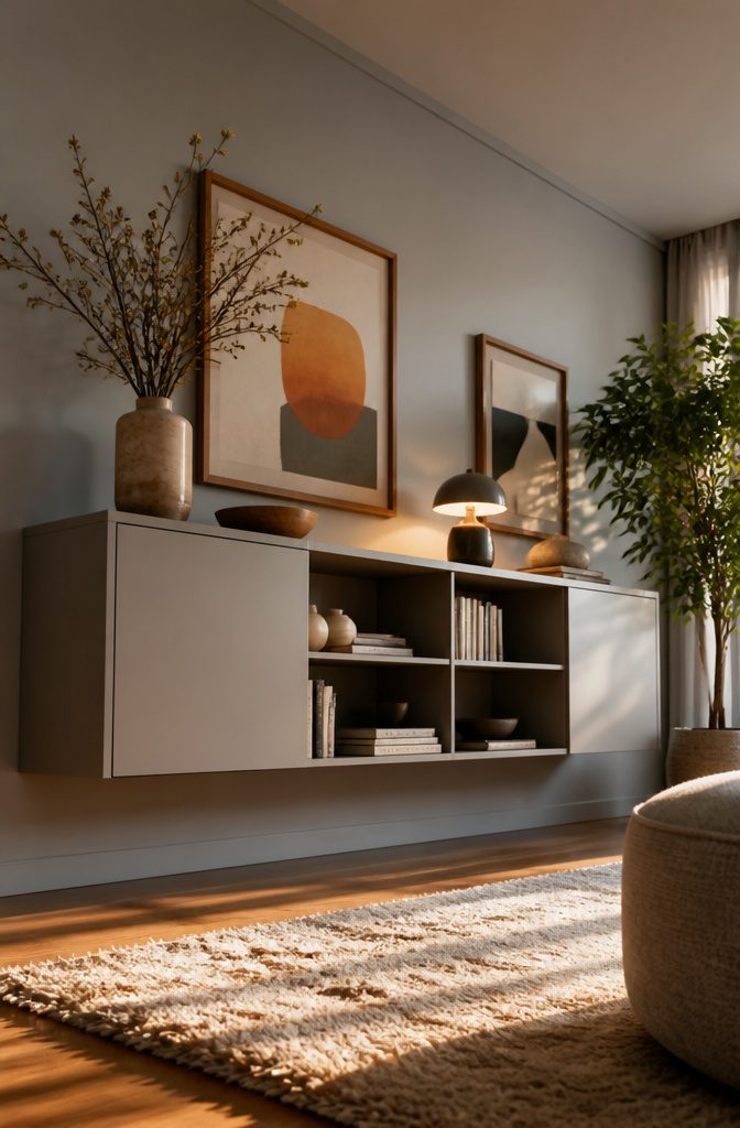 Wall-mounted floating bookshelf with doors appearing to hover.
