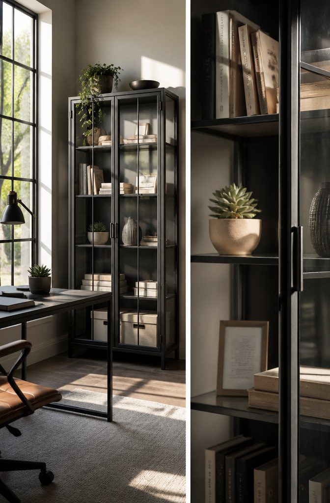 Bookshelf with glass doors displaying colorful books and decorative items.
