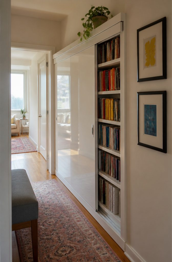 Sleek sliding door bookshelf in a chic urban apartment hallway.