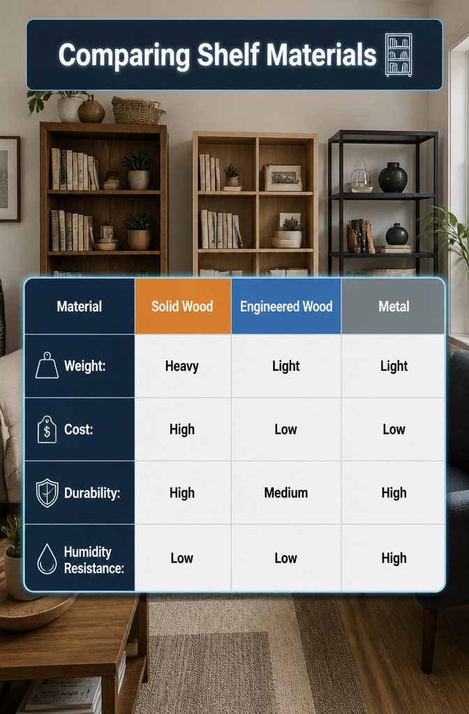 Comparison of solid wood, engineered wood, and metal shelf materials.