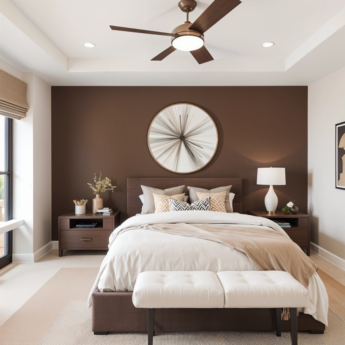 A bedroom with a dark brown accent wall, white bedding, and matching nightstands.
