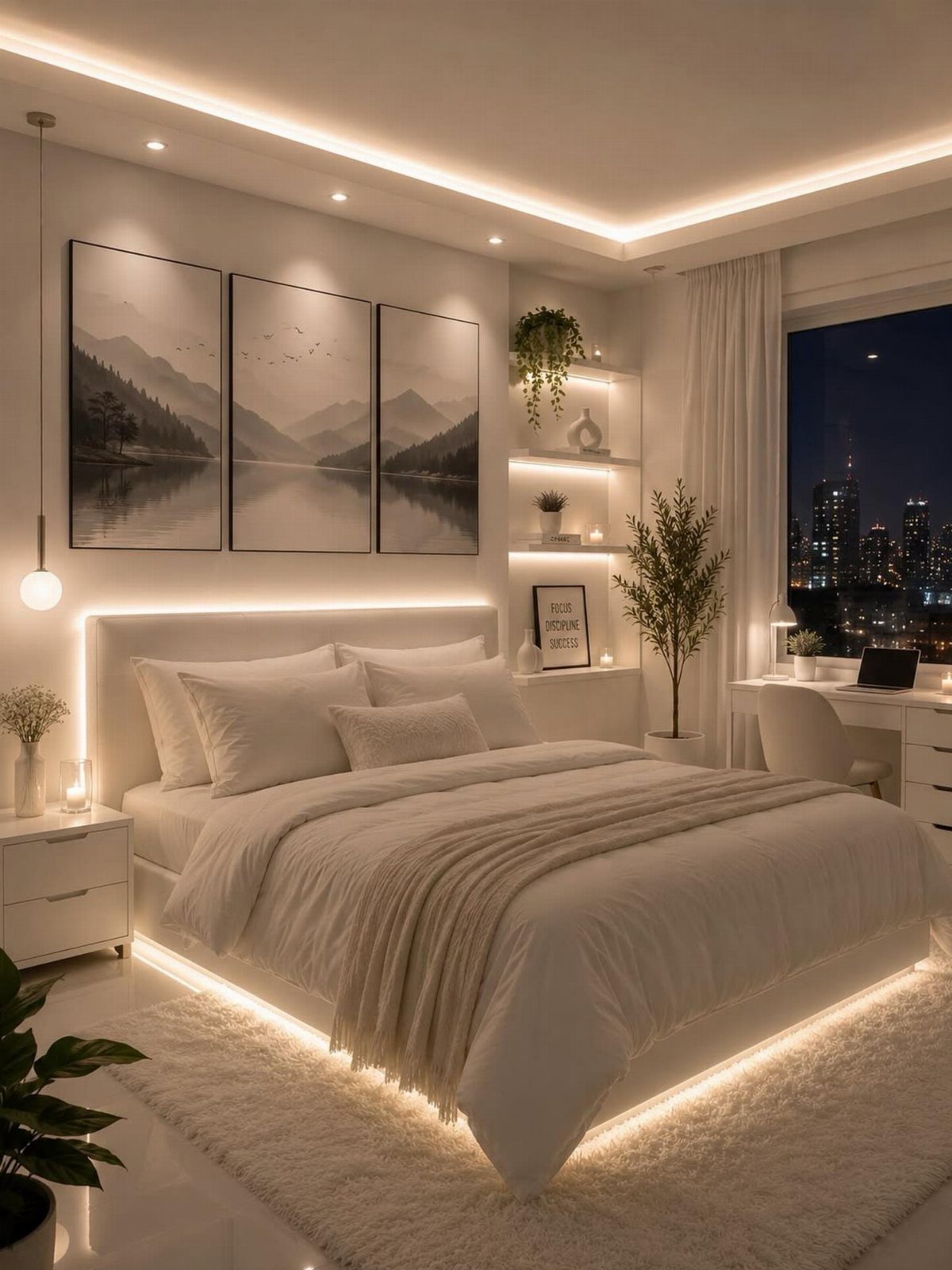 White modern bedroom with glowing LED lights, white bedding, and a city view at night.