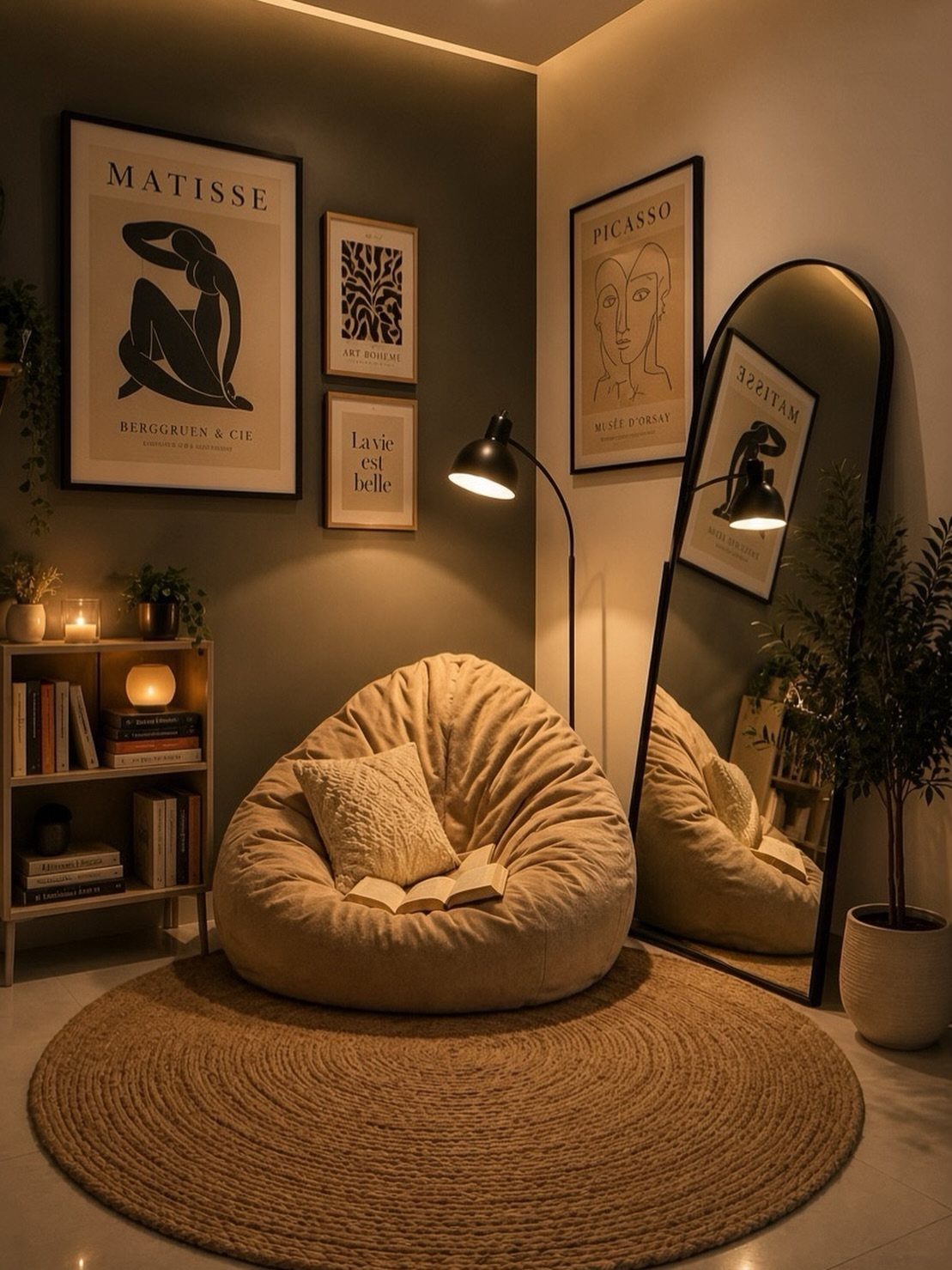 A beige bean bag chair sits on a jute rug under warm lamp lighting.