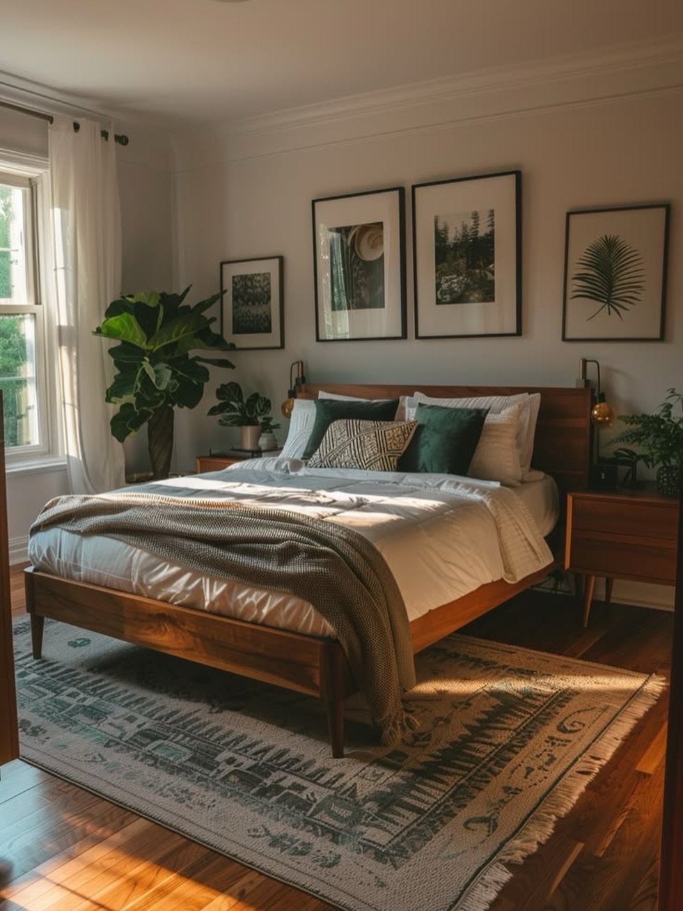 Wooden bed frame with white linens and green pillows in a sunlit bedroom.