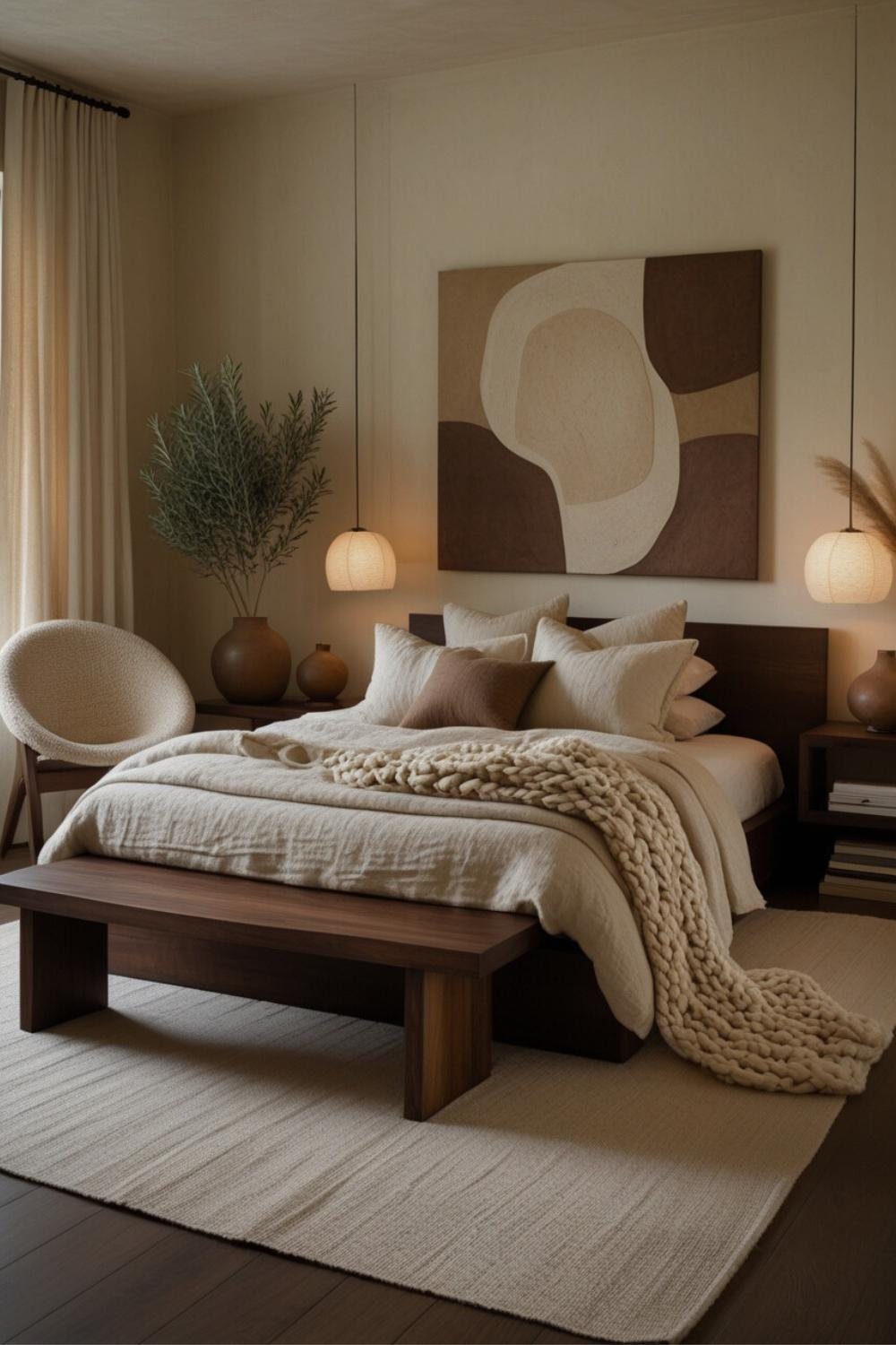 Dark brown wooden bed and bench set against warm white walls in a cozy bedroom.