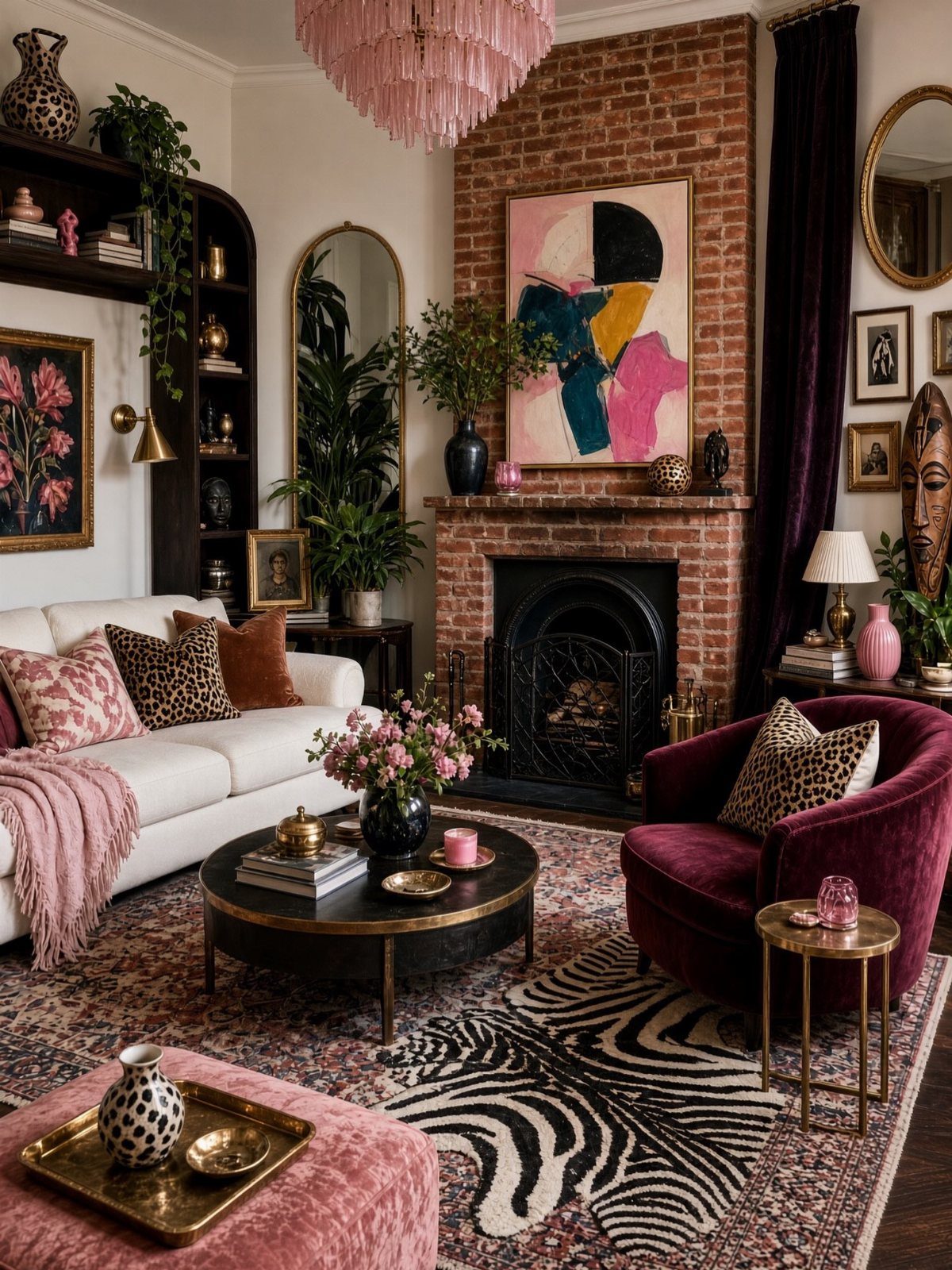 Maximalist living room with leopard print pillows, a burgundy velvet chair, and a brick fireplace.