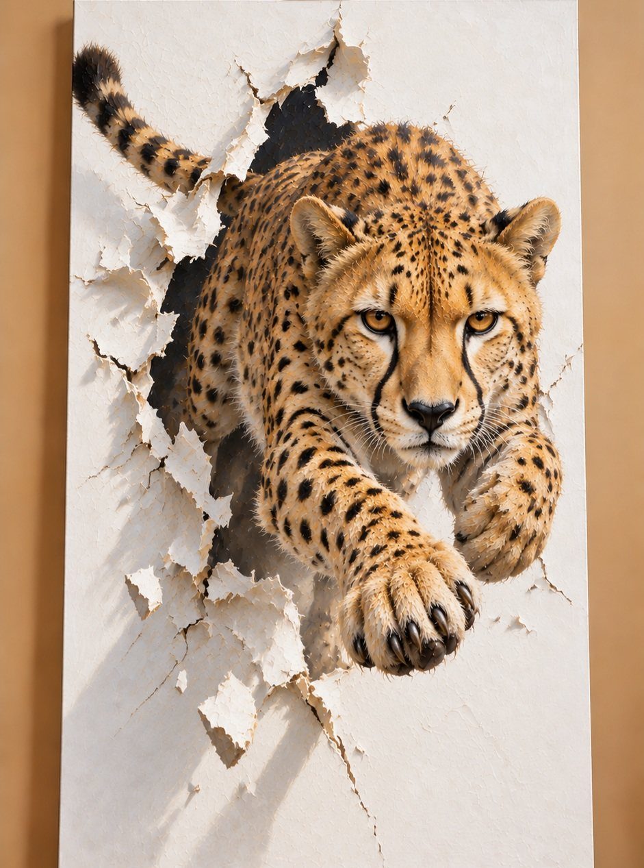 A realistic cheetah bursting through a white cracked wall in a piece of 3D wall art.