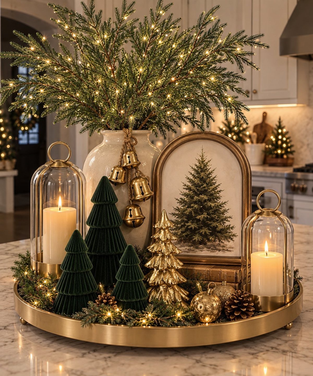 Evergreen branches with lights in a white vase surrounded by decorative trees and candles.
