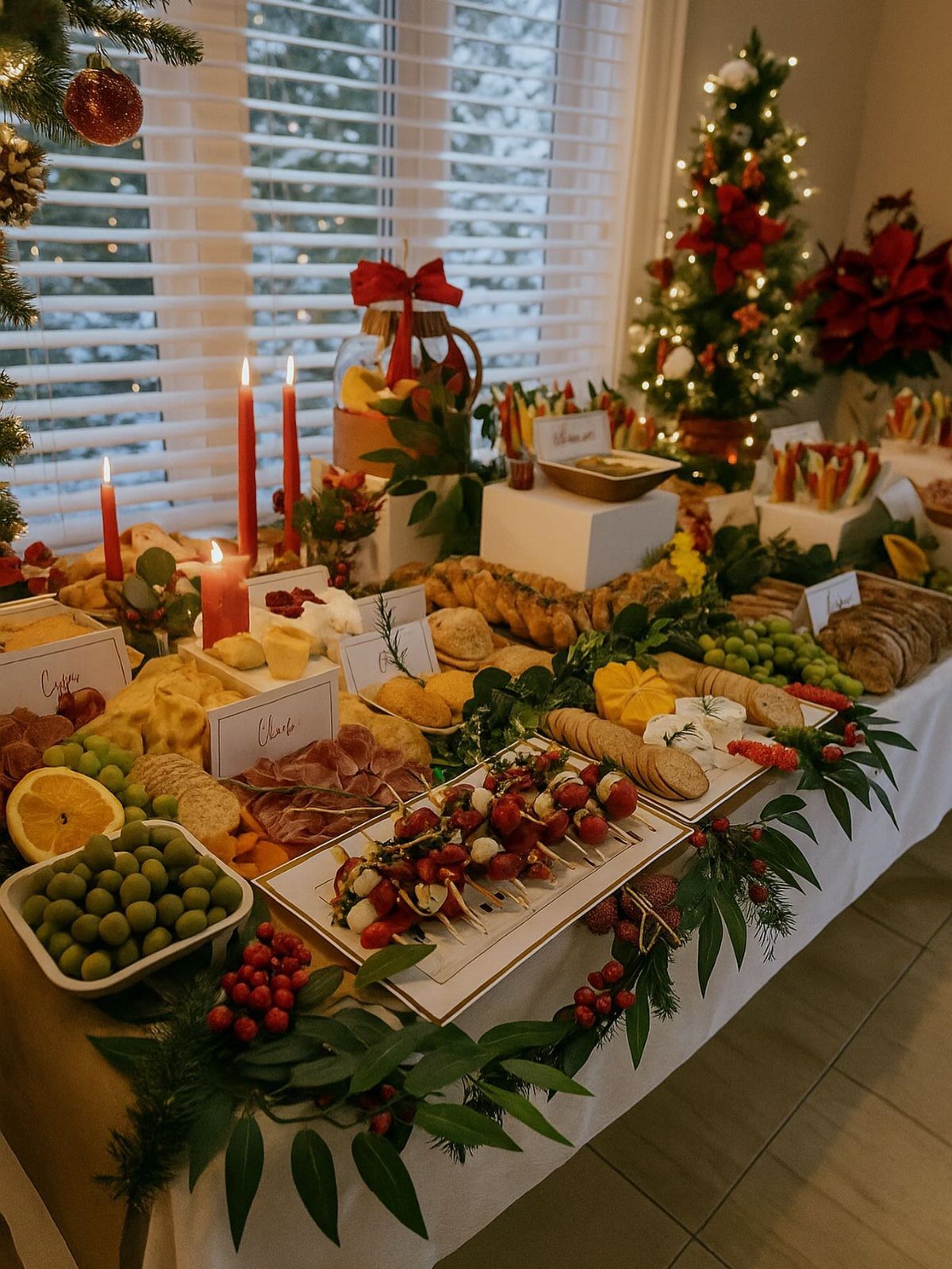 A festive holiday buffet table filled with various cheeses, meats, fruits, and appetizers decorated with greenery.