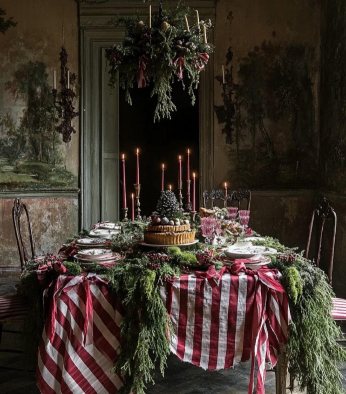 A festive dining table featuring a red and white striped tablecloth and lush evergreen garlands.