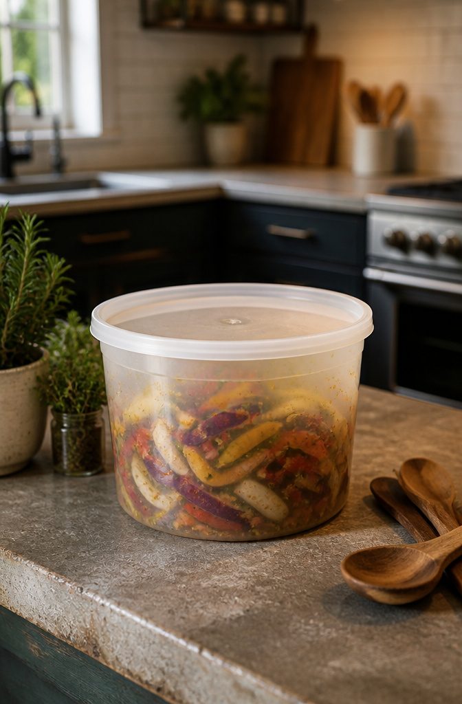 Cambro round translucent container with marinated vegetables on a countertop.