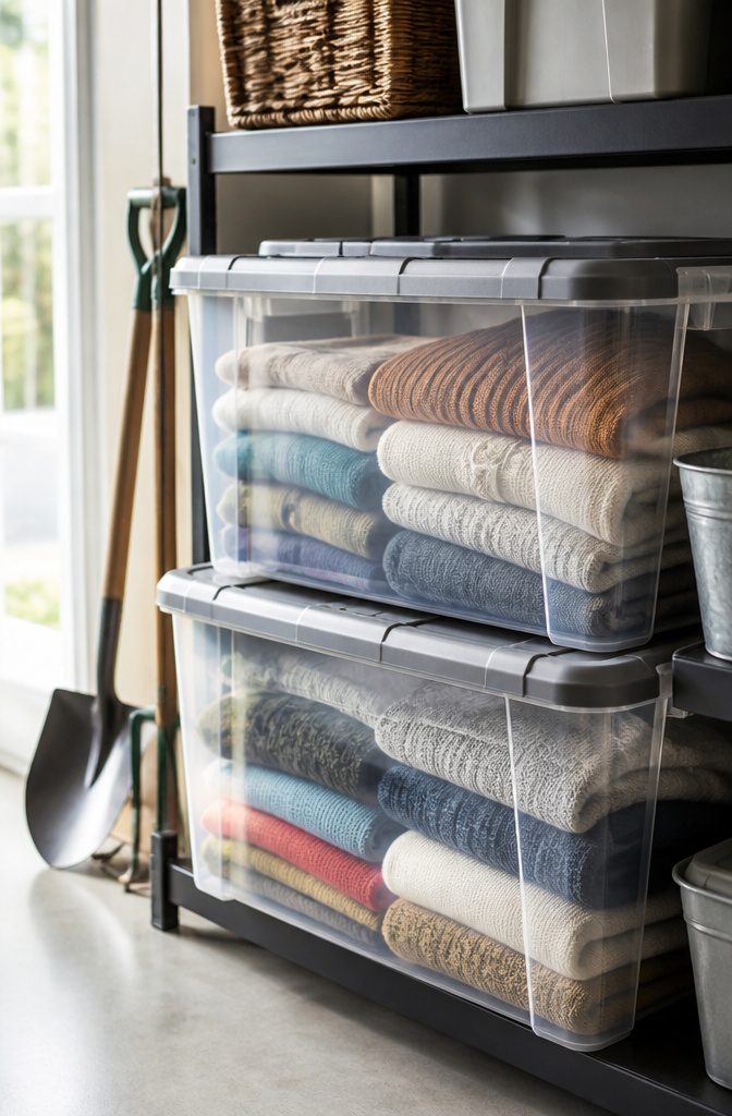 IRIS USA 58-Quart Snap Top Storage Boxes stacked in a closet.