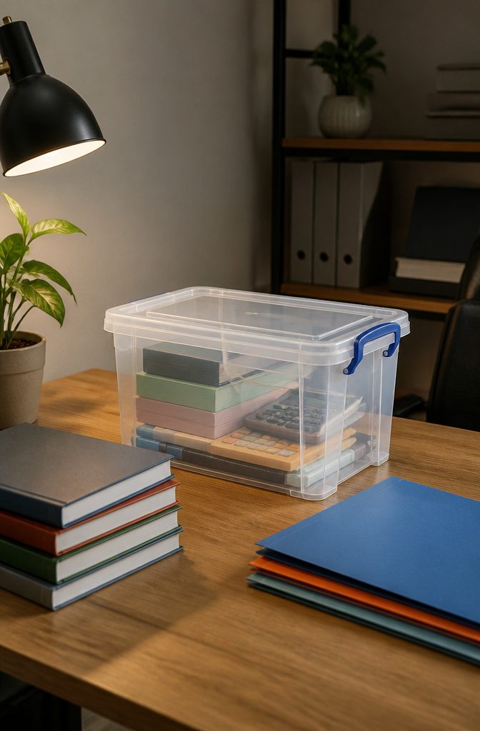 Really Useful Box 17.96 Quart surrounded by office supplies.