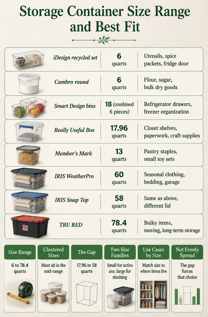 Chart showing the size range of different storage containers.