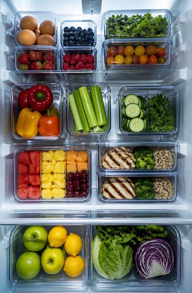 Smart Design refrigerator and freezer bins arranged in a refrigerator.