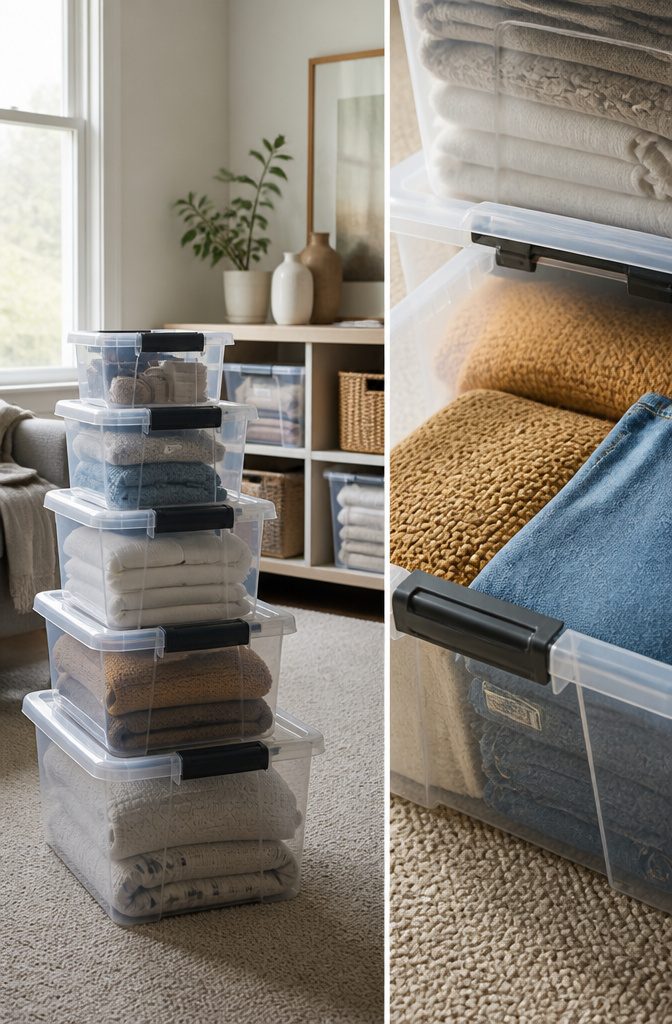 Stacked clear storage containers demonstrating their stackability.