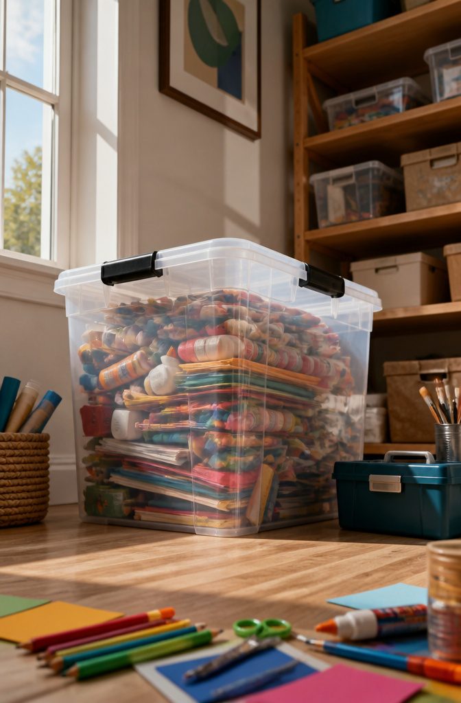 TRU RED 78.4 Quart Stackable Storage Bin filled with items.