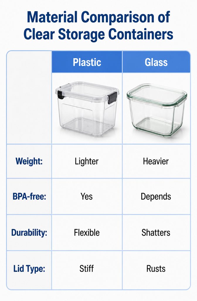 Comparison chart displaying materials used in clear storage containers.