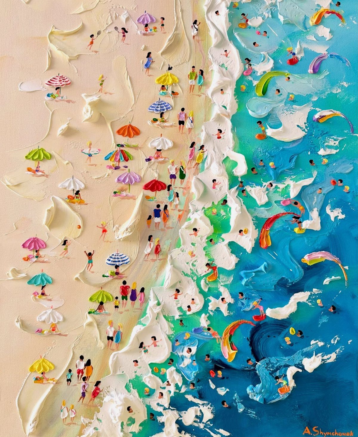 Textured impasto painting of people on a sandy beach with colorful umbrellas and blue ocean waves.