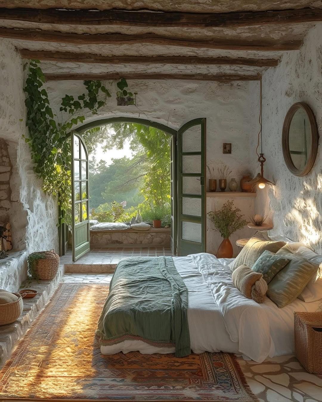 A rustic bedroom with white stone walls opening through arched doors to a green outdoor landscape.