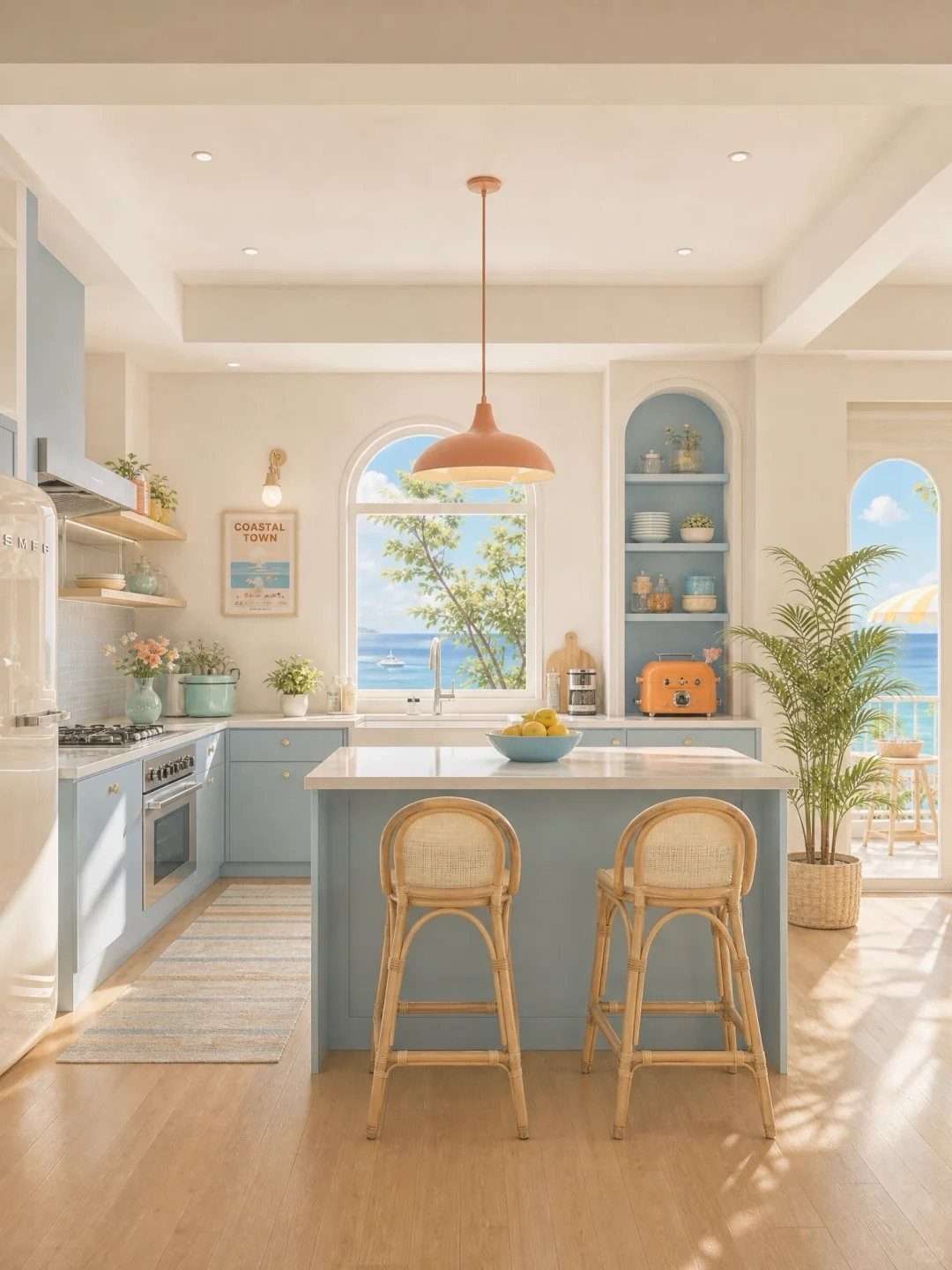 Coastal kitchen with blue cabinets, rattan stools, and green plants overlooking the ocean through an arched window.