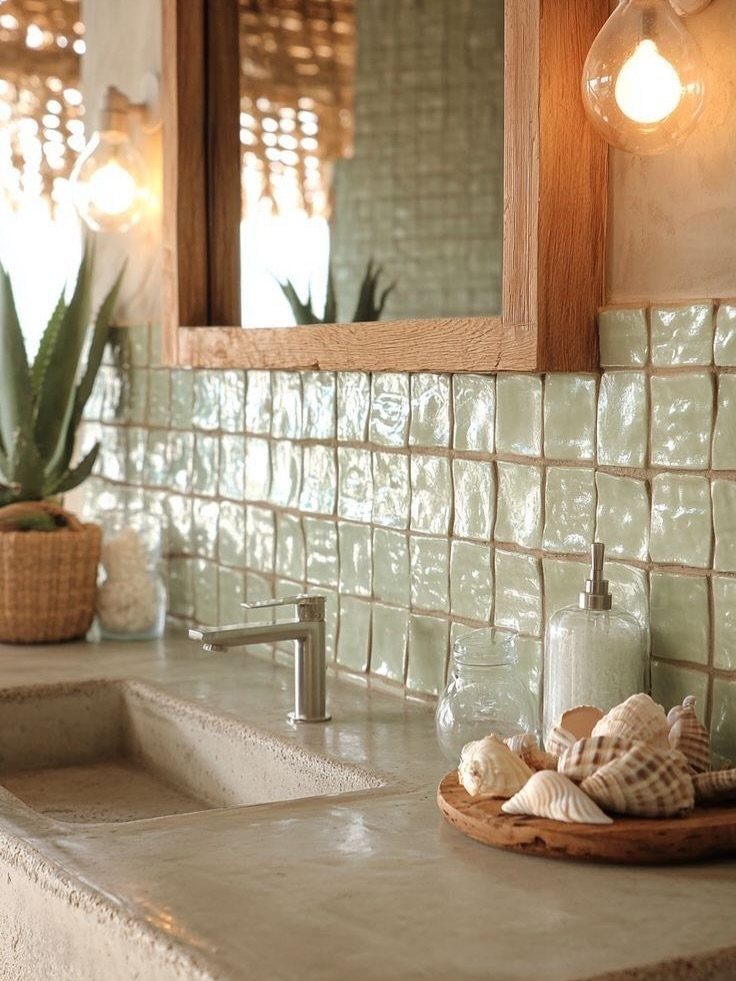 Seashells on a wooden tray next to a concrete sink and green tiled backsplash.