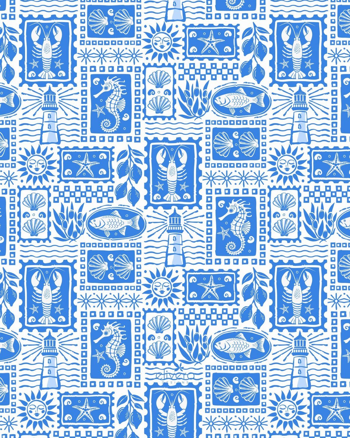 Blue and white nautical pattern featuring lobsters, seahorses, lighthouses, and seashells.