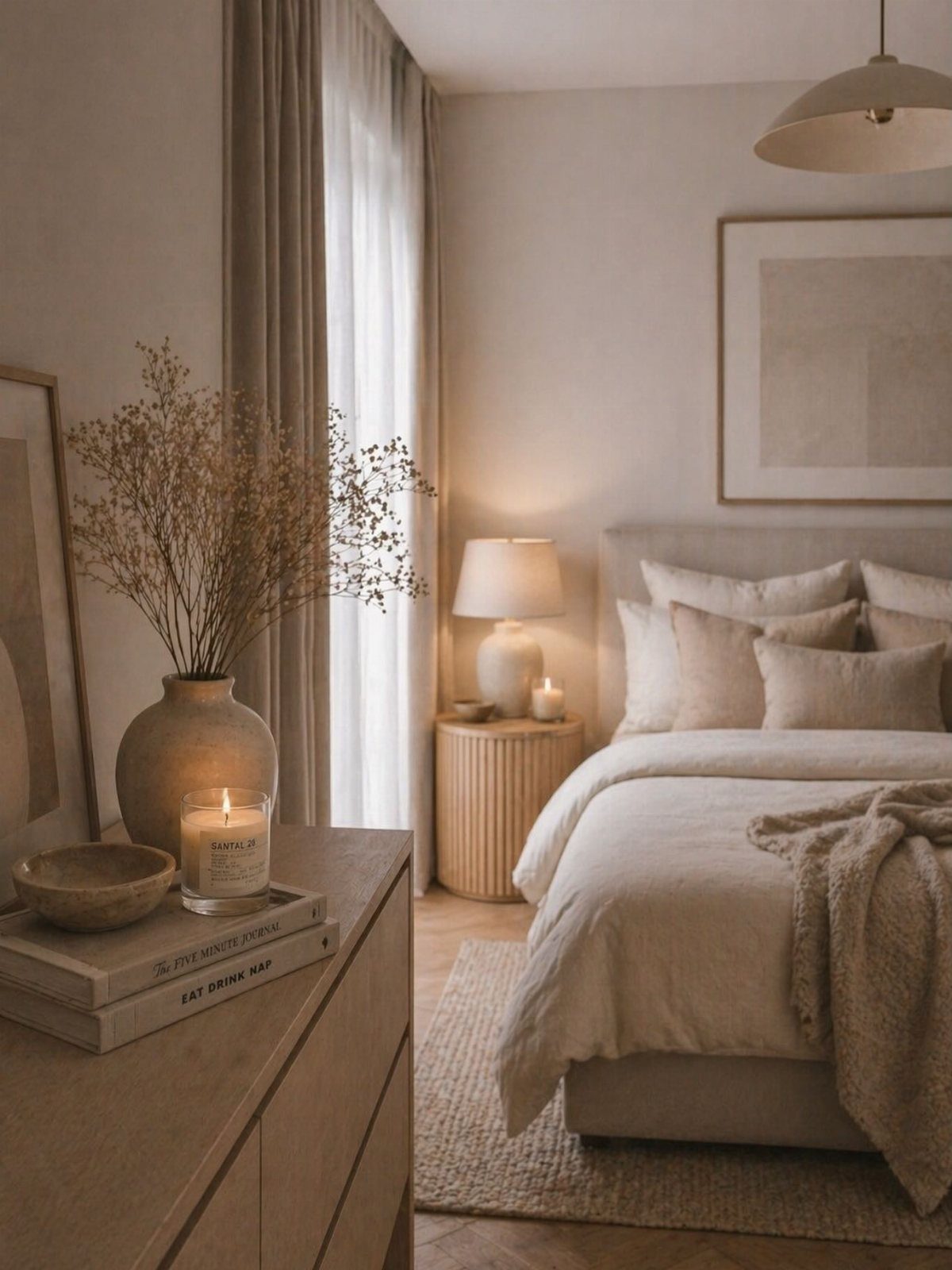 A neutral-toned bedroom with beige bedding, a wooden nightstand, and dried flowers in a vase.